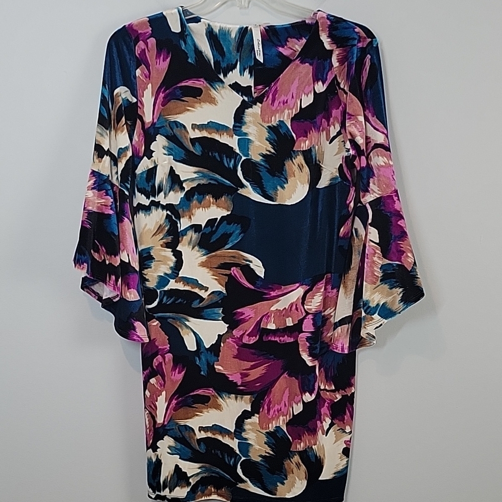NY Collection Women's Floral Velour Bell Sleeve V-Neck Dress Size Large Petite